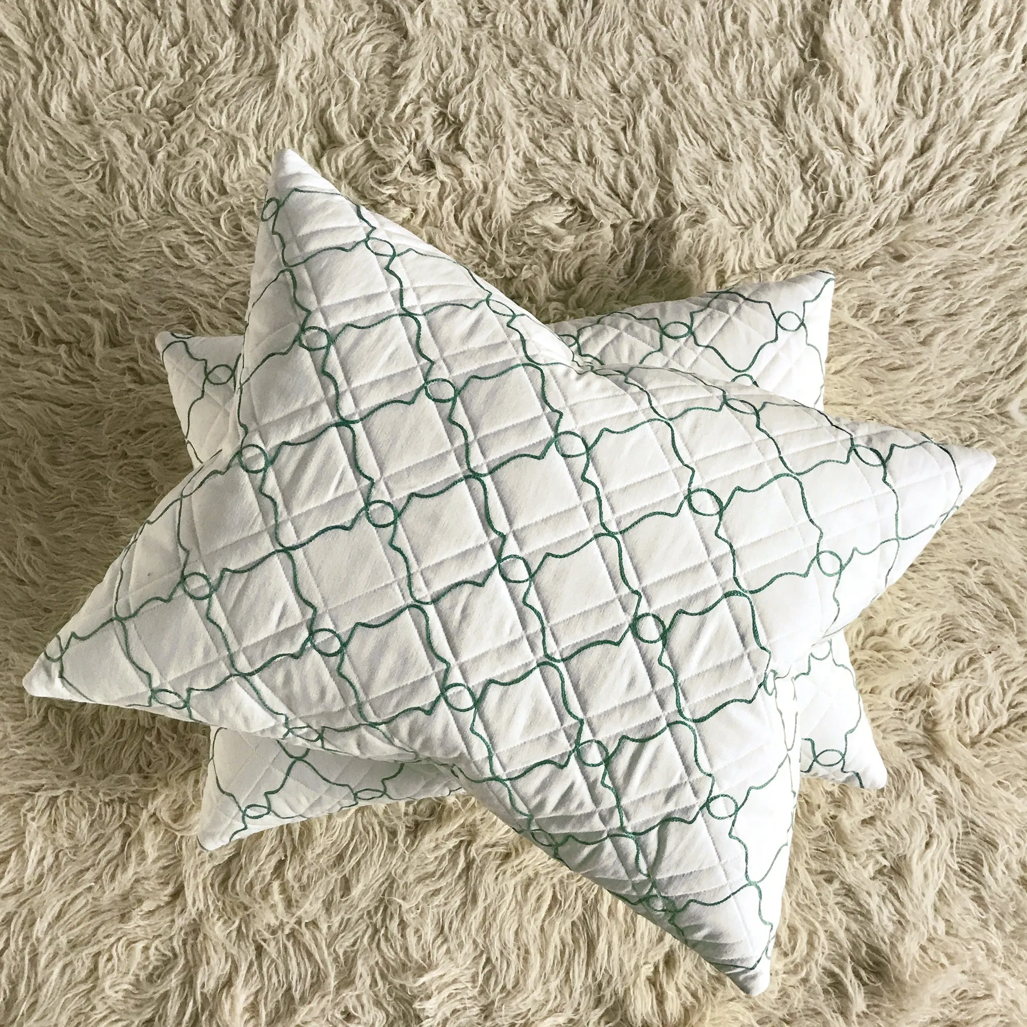White Green Geometric Matelasse Quilted Luxury Standard Sham 20x26