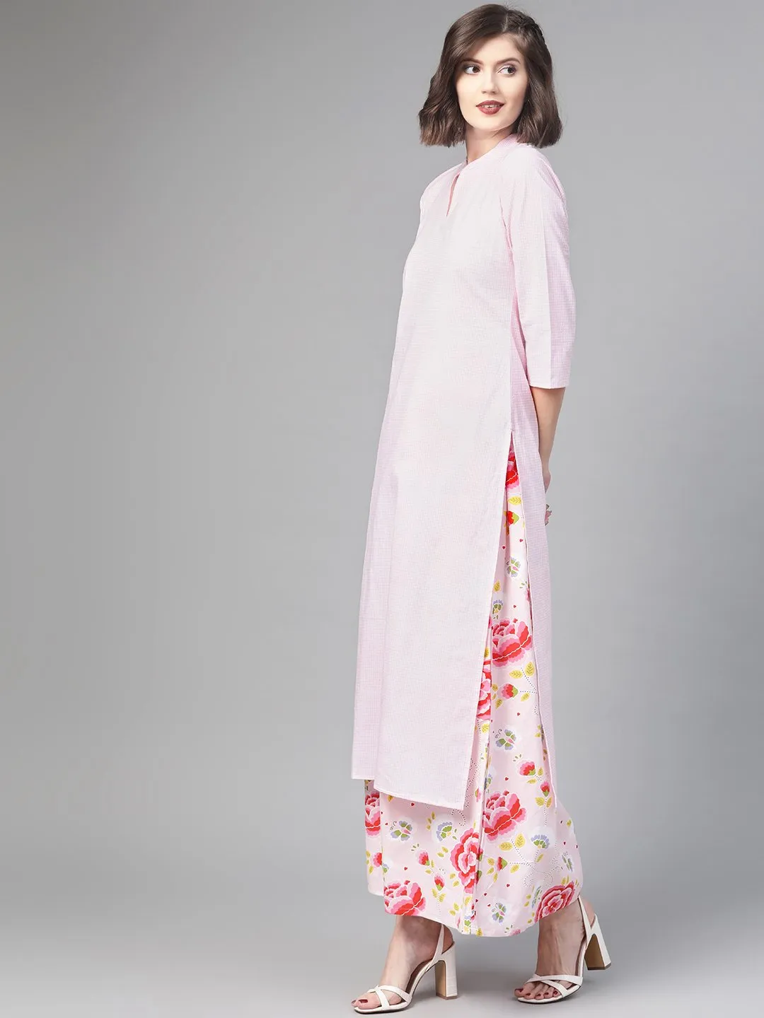 Women Pink & Red Straight Checked Printed Kurta And Skirt Set