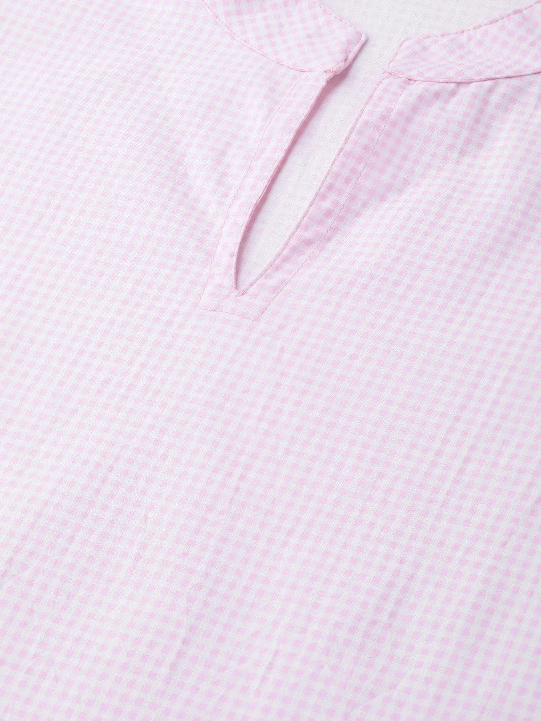 Women Pink & Red Straight Checked Printed Kurta And Skirt Set
