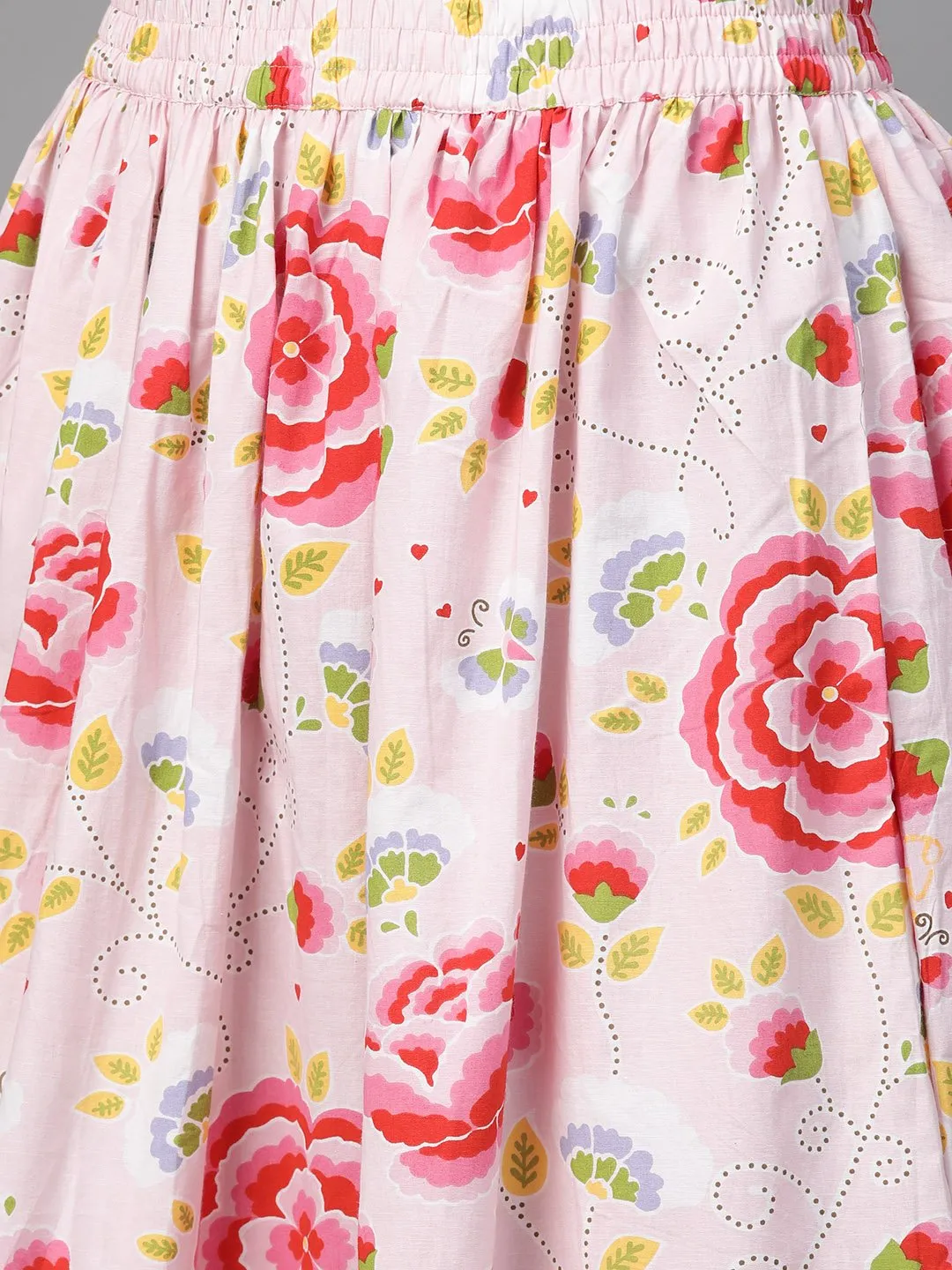 Women Pink & Red Straight Checked Printed Kurta And Skirt Set