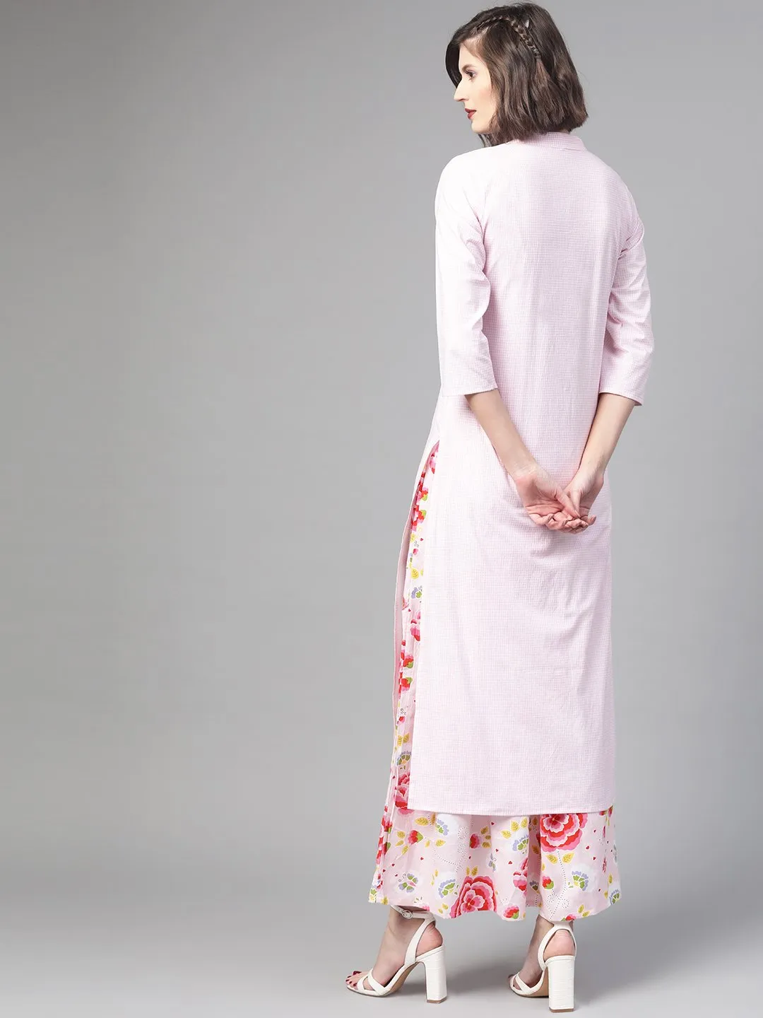Women Pink & Red Straight Checked Printed Kurta And Skirt Set