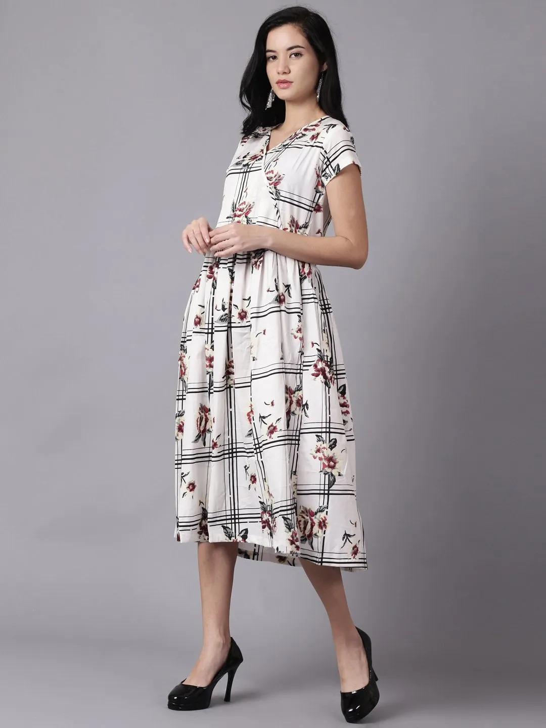 Women White Floral Printed V-Neck Fit And Flare Dress