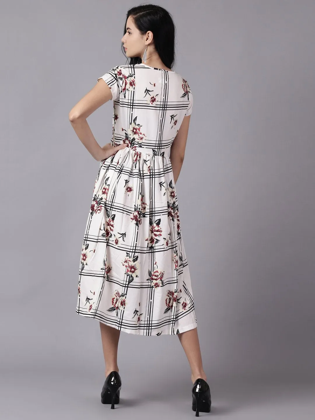 Women White Floral Printed V-Neck Fit And Flare Dress