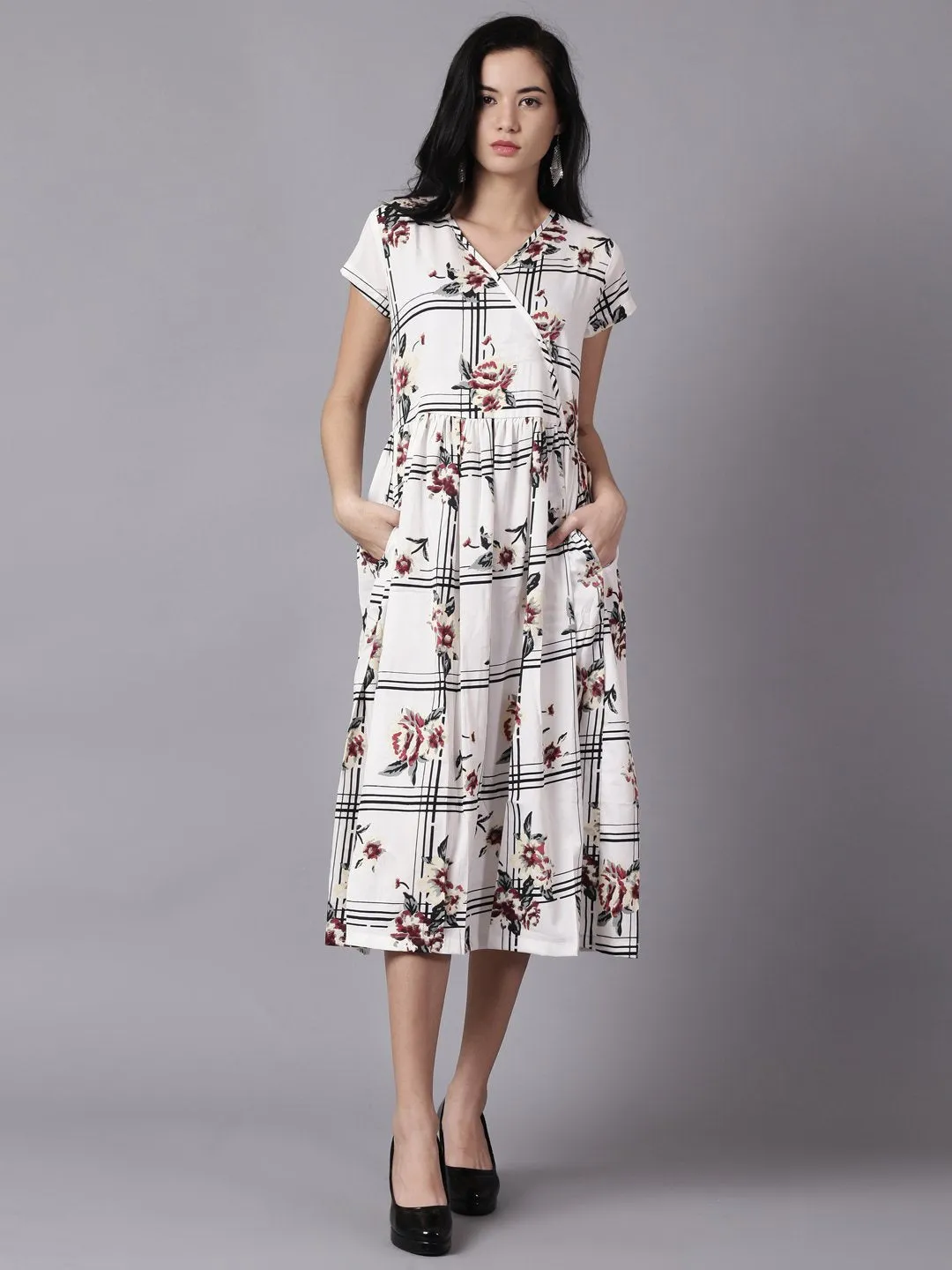 Women White Floral Printed V-Neck Fit And Flare Dress