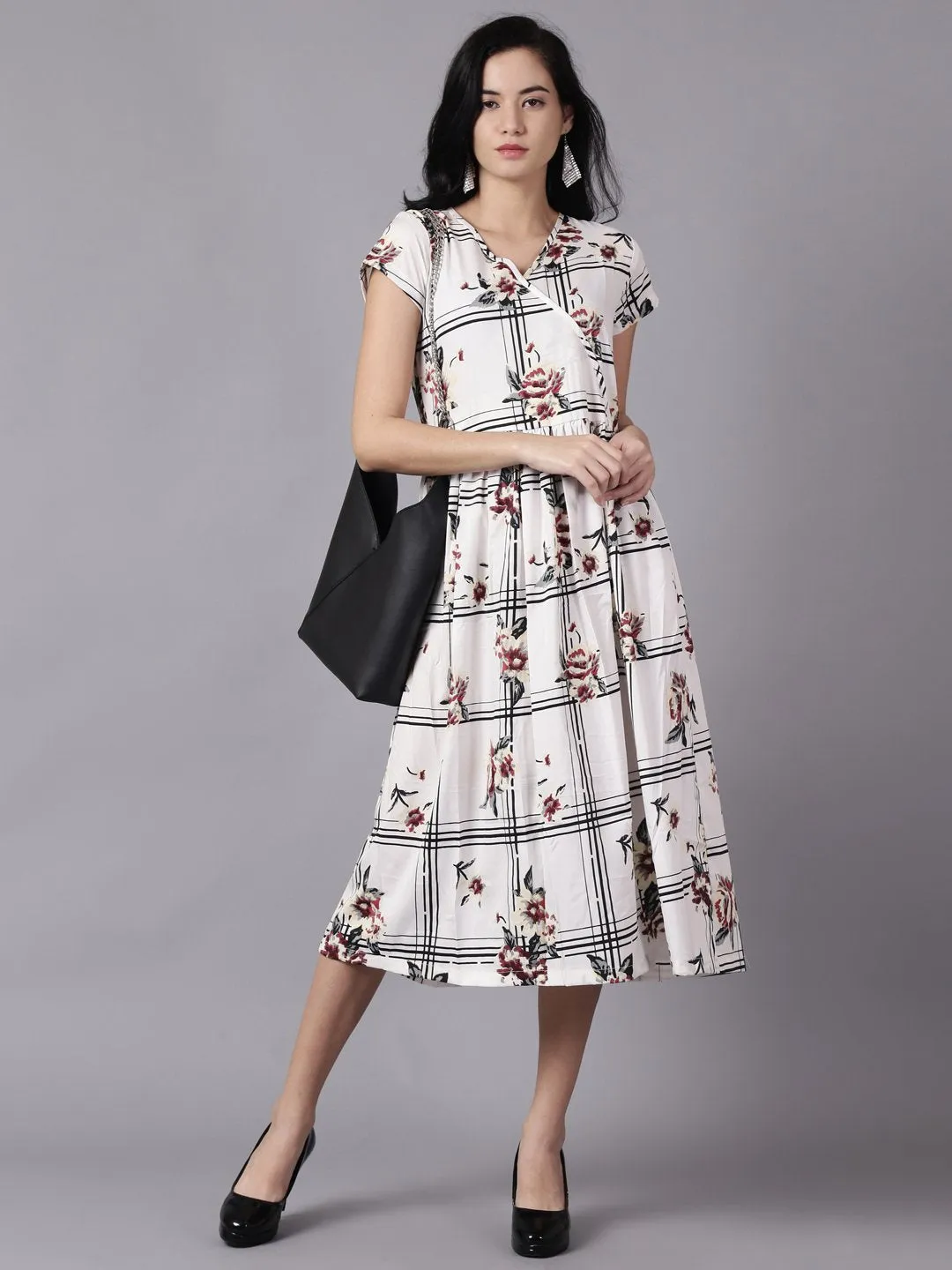 Women White Floral Printed V-Neck Fit And Flare Dress