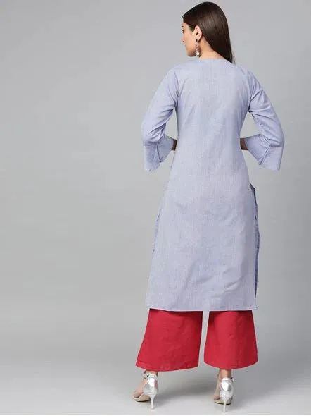Women'S Blue & Red Yoke Design Chambray Kurta With Palazzos