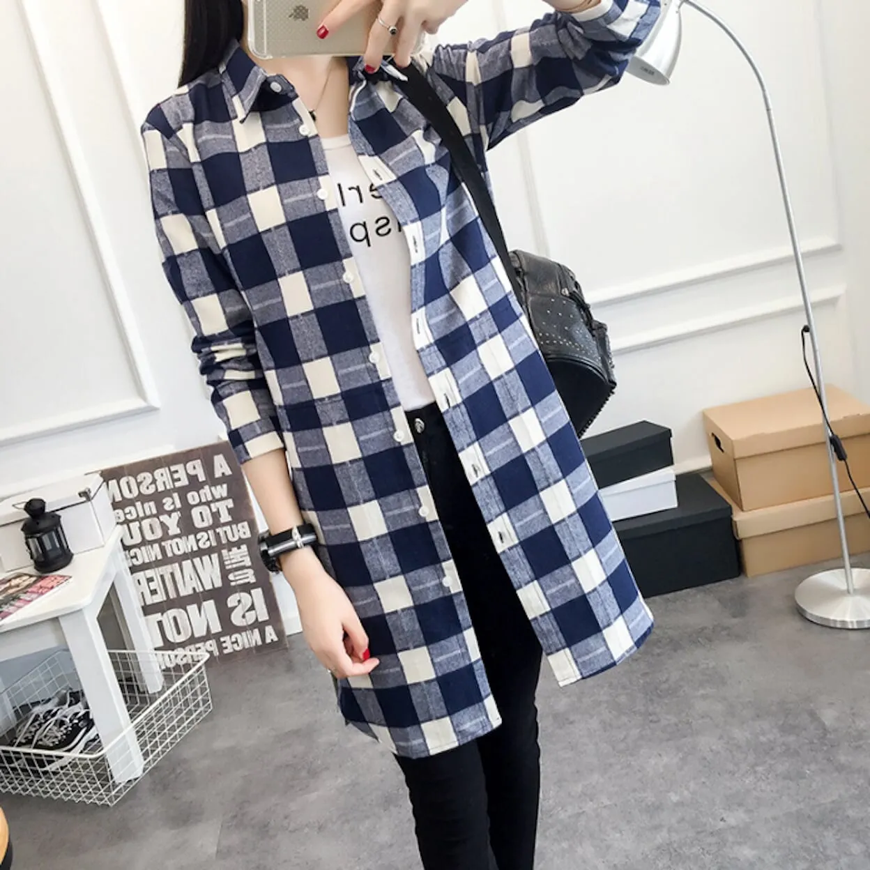 Womens Mid Length Plaid Shirt With Pockets