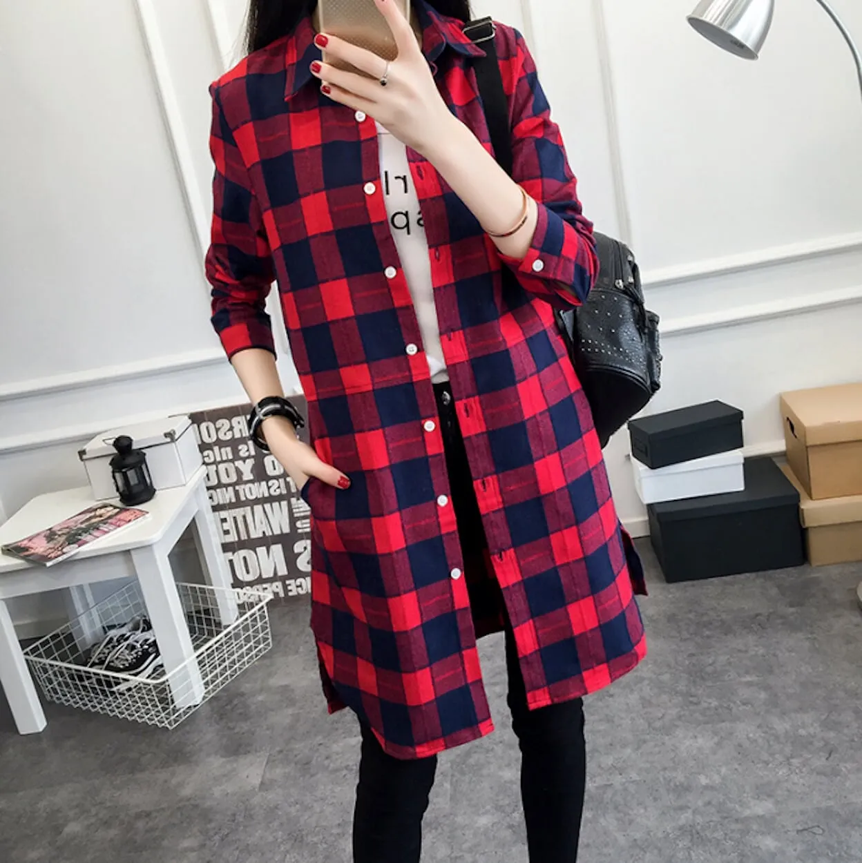 Womens Mid Length Plaid Shirt With Pockets